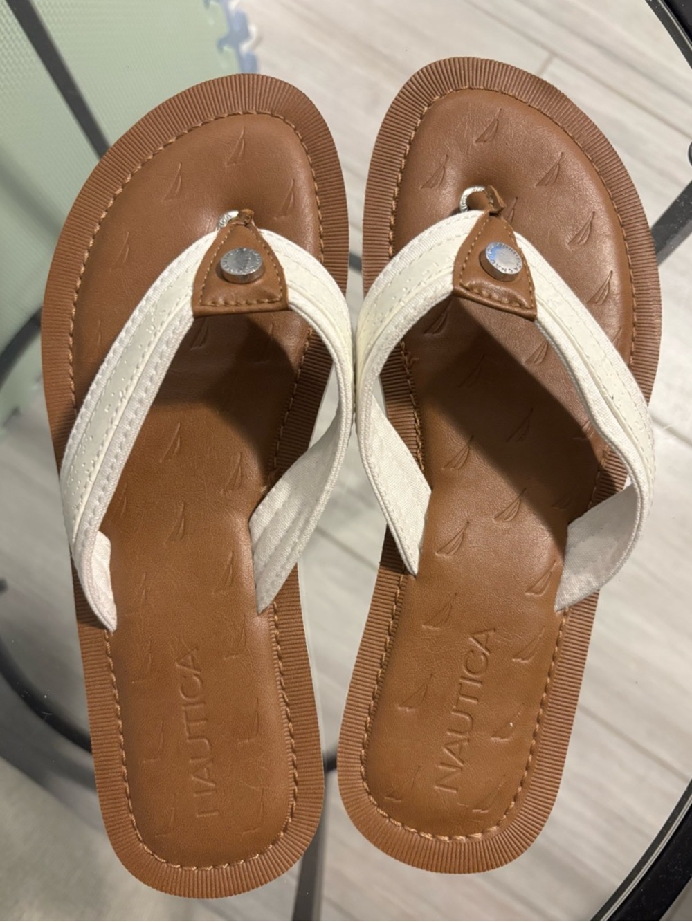 Nautica Women's Tan Flip-Flop Sandals with Cream Straps